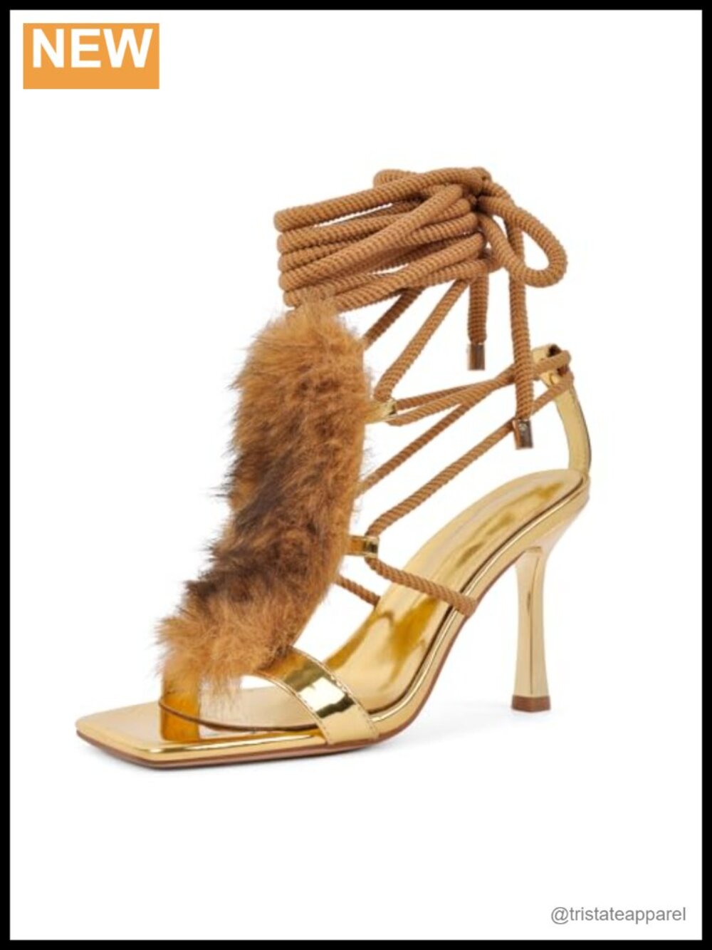 Faux Fur Strappy Sandals with Brown Rope Lace-Up Square Toe Stiletto Heels - Picture 5 of 6